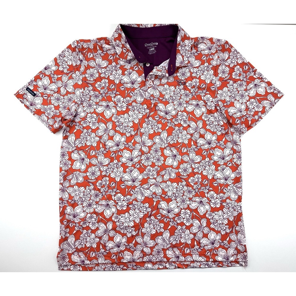 Good Good Golf Hawaiian Polo Shirt Mens L Orange Floral Performance Stretch